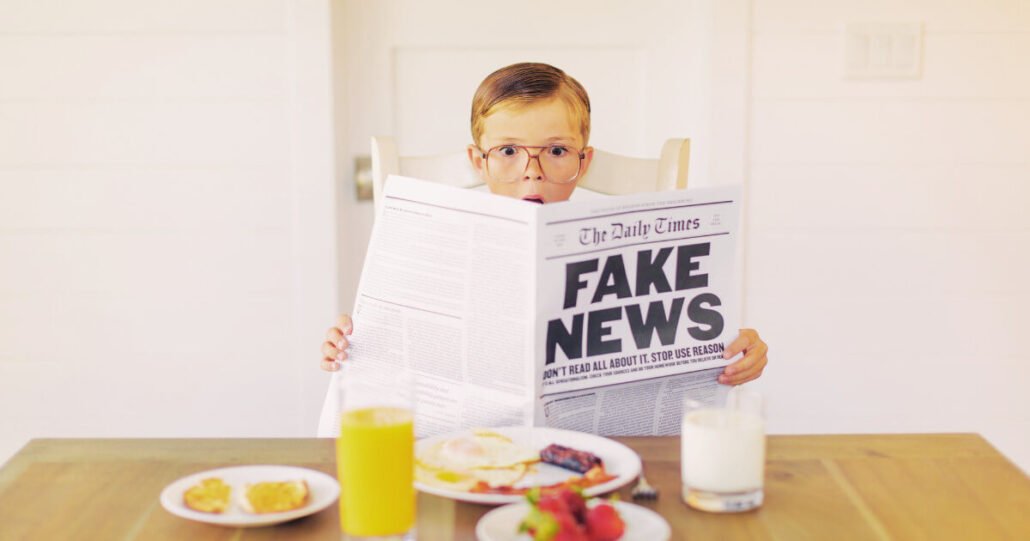 Child reading newspaper with "FAKE NEWS" headline, breakfast table, innocence meets media skepticism.