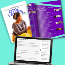 Banner featuring a laptop and booklet on core values theme for personal and professional development is the banner for Madisen's exploring core values free online course and digital resources.